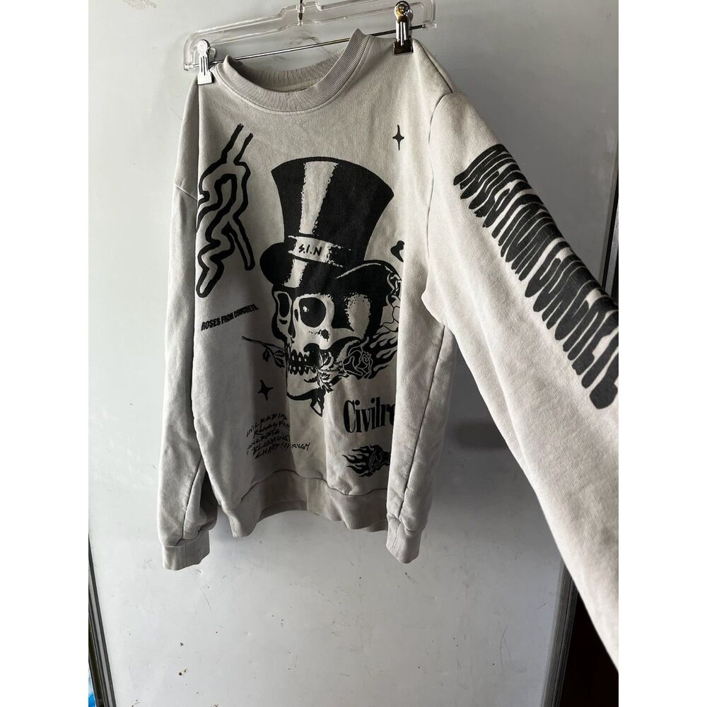alt emo goth skull sweat shirt size small gray